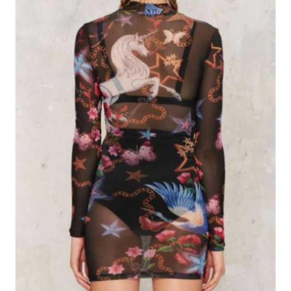 Revolve Jaded London Mini Dress Mesh Sheer Tattoo Print Unicorn NWT